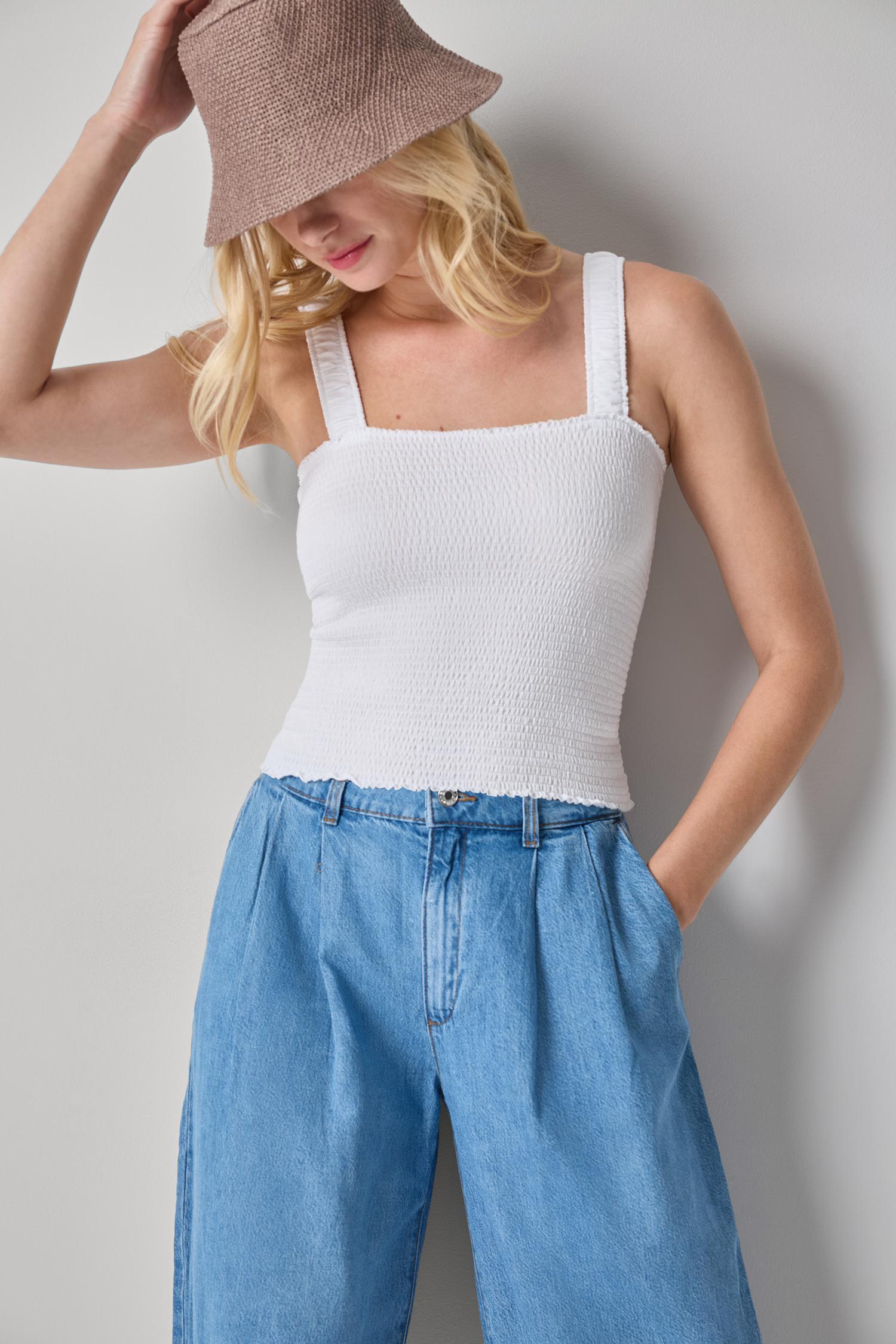 Organic Smocked Tank Womens Top White A3