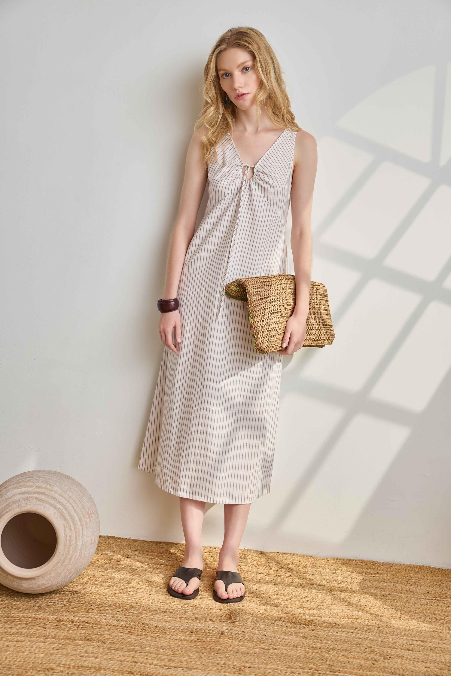 Striped Keyhole Midi Dress Womens Dress Bark Stripe C1
