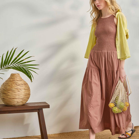 Smocked Bodice Maxi Dress Womens Dress Bark C1