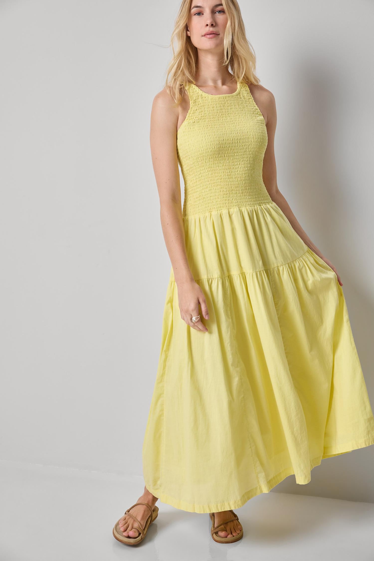 Smocked Bodice Maxi Dress Womens Dress Lemon A3