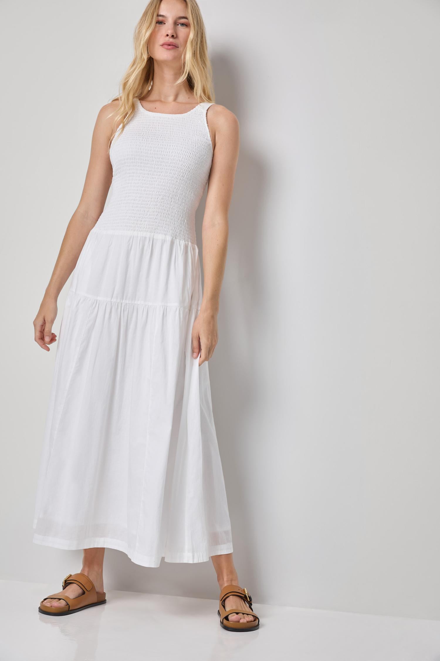 Smocked Bodice Maxi Dress Womens Dress White A1