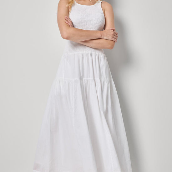 Smocked Bodice Maxi Dress Womens Dress White A3