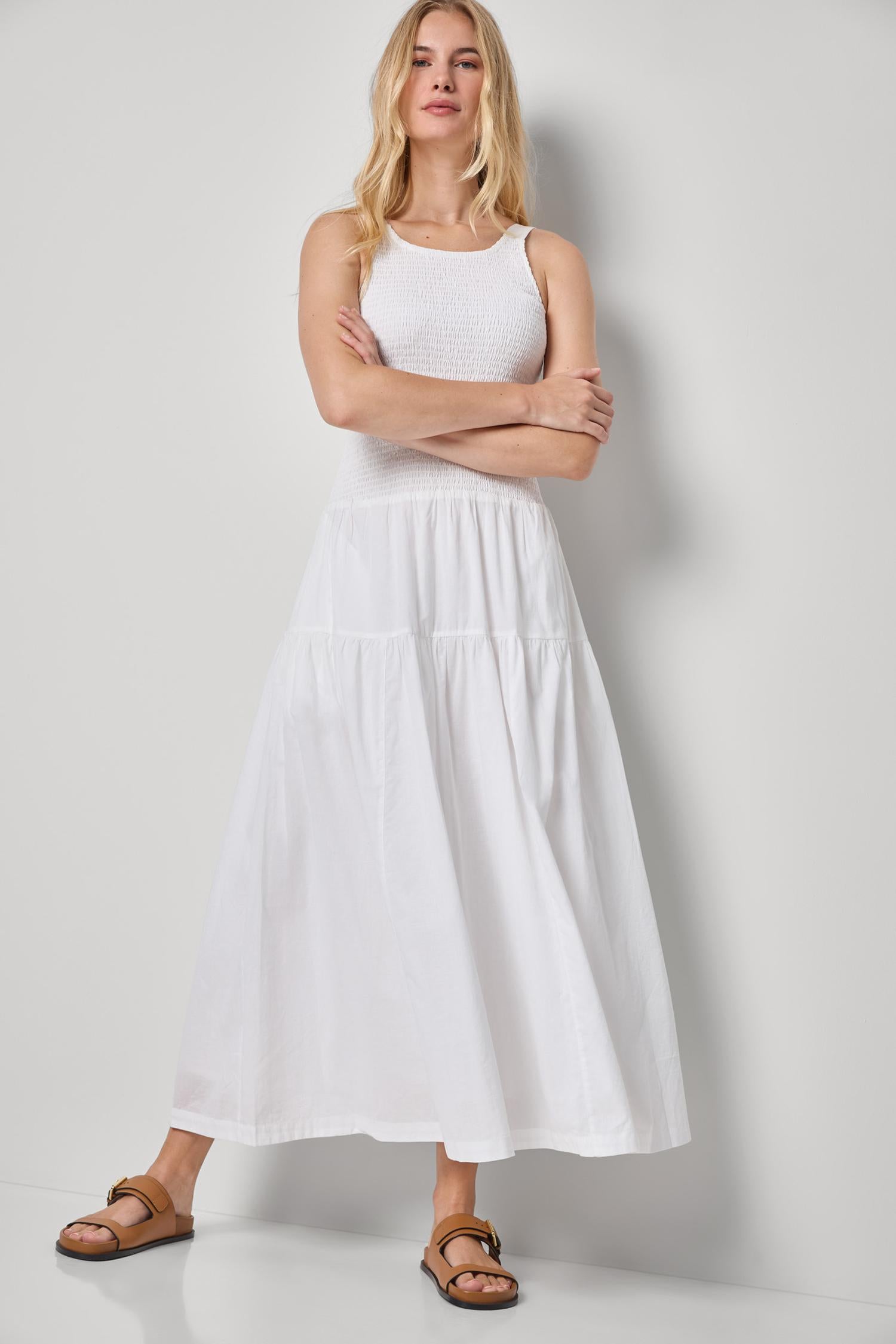 Smocked Bodice Maxi Dress Womens Dress White A3