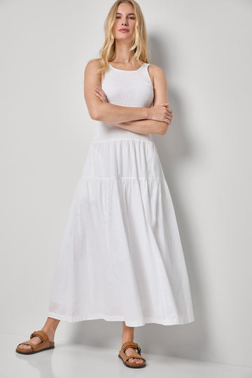 Smocked Bodice Maxi Dress Womens Dress White A3