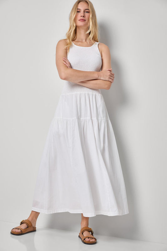 Smocked Bodice Maxi Dress Womens Dress White A3