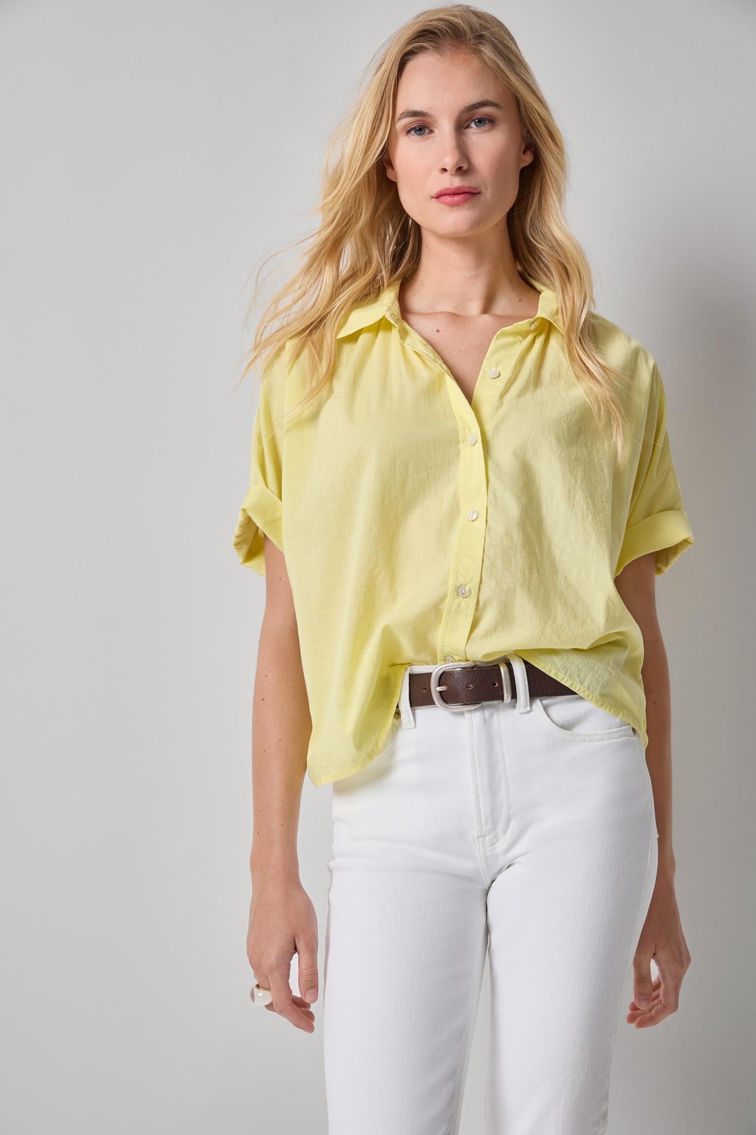 Elbow Sleeve Button Down Womens Top Lemon A1