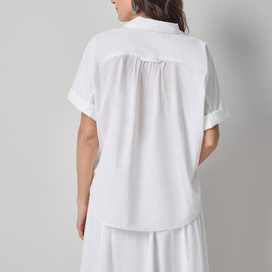 Elbow Sleeve Button Down Womens Top White A2
