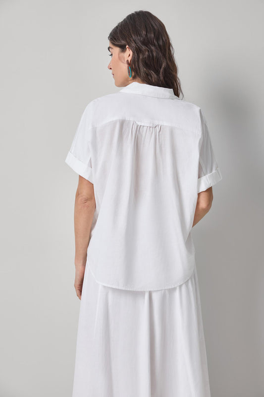 Elbow Sleeve Button Down Womens Top White A2