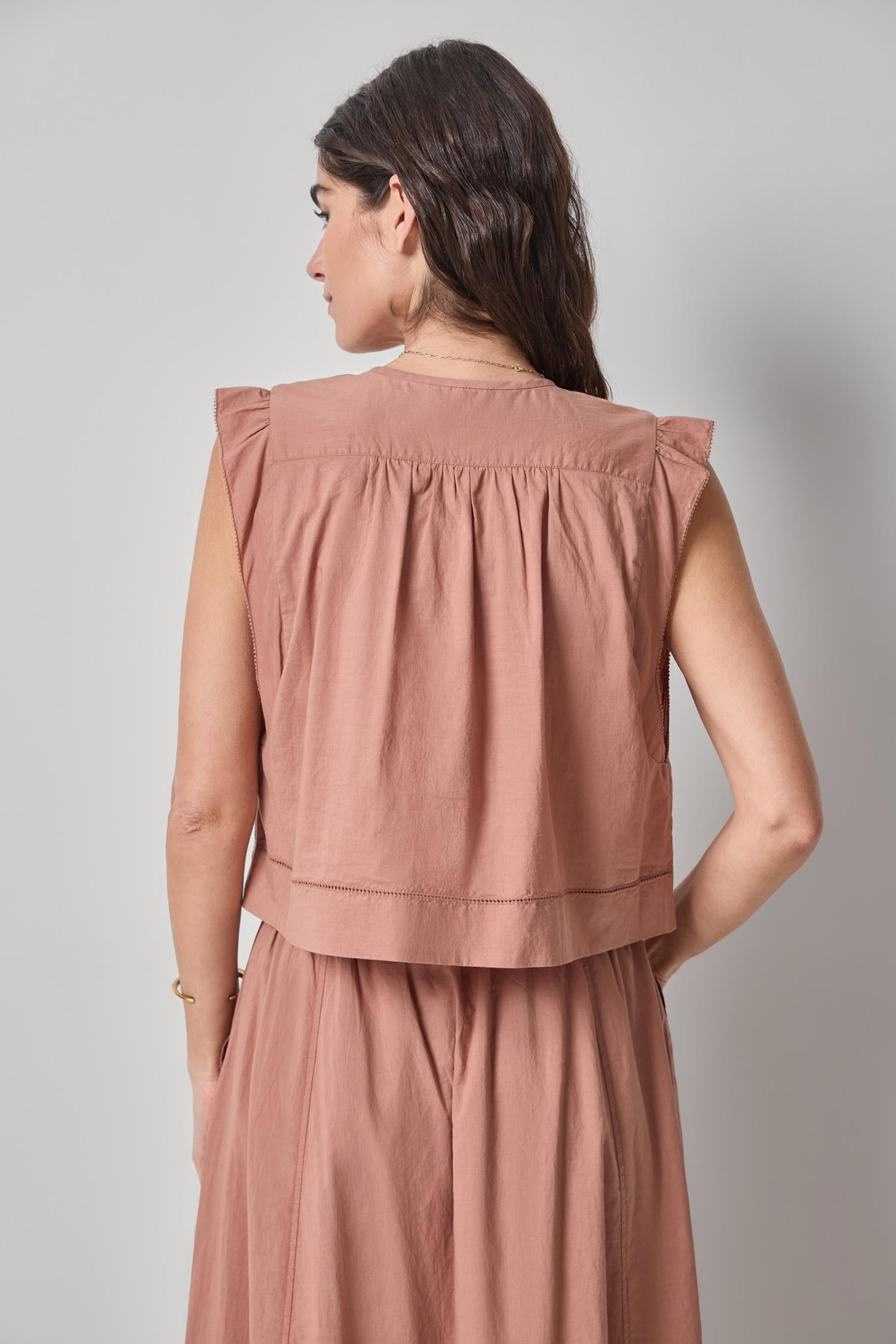 Smocked Shoulder V-Neck Womens Top Bark A2