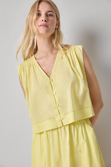 Smocked Shoulder V-Neck Womens Top Lemon A1