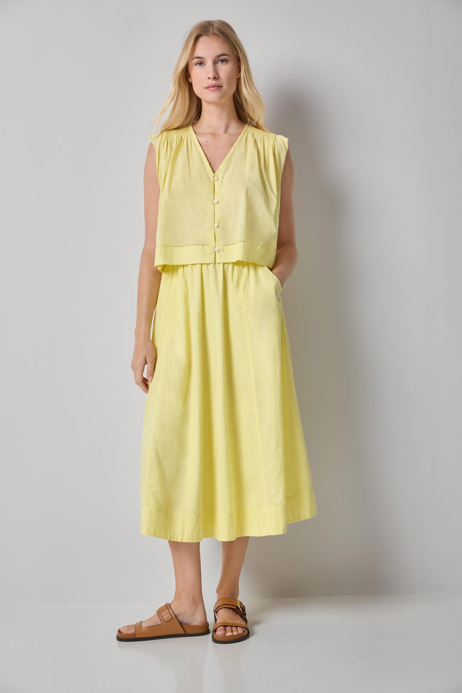 Smocked Shoulder V-Neck Womens Top Lemon A3