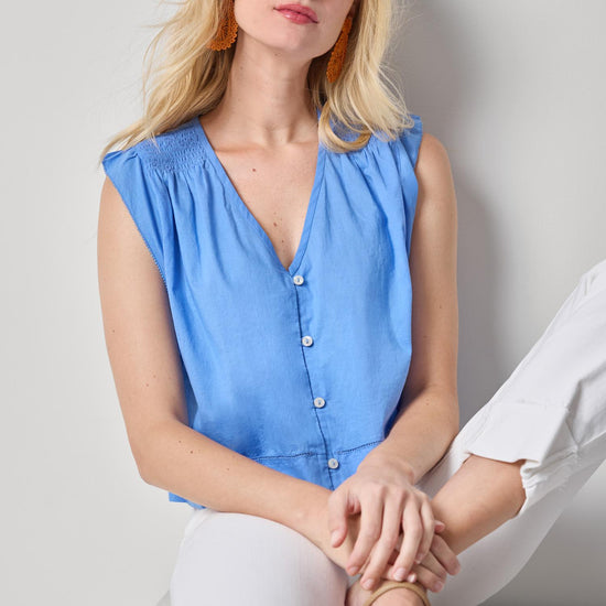 Smocked Shoulder V-Neck Womens Top Ultramarine A1