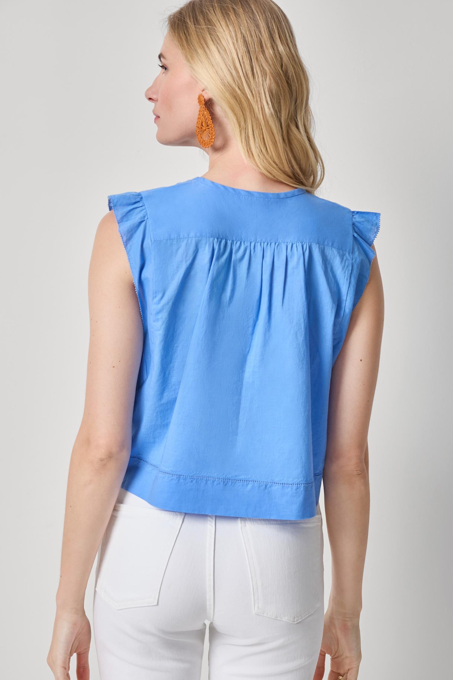 Smocked Shoulder V-Neck Womens Top Ultramarine A2