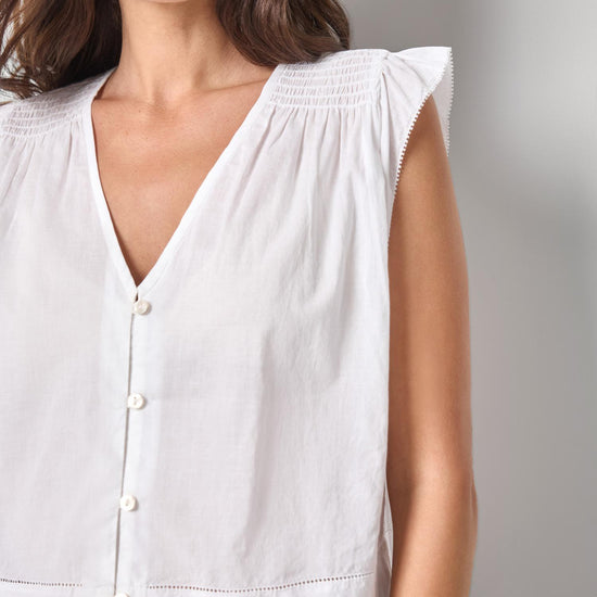 Smocked Shoulder V-Neck Womens Top White A1
