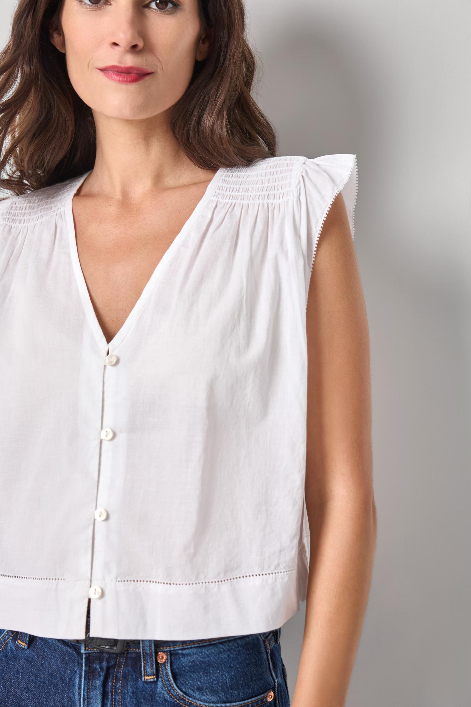 Smocked Shoulder V-Neck Womens Top White A1