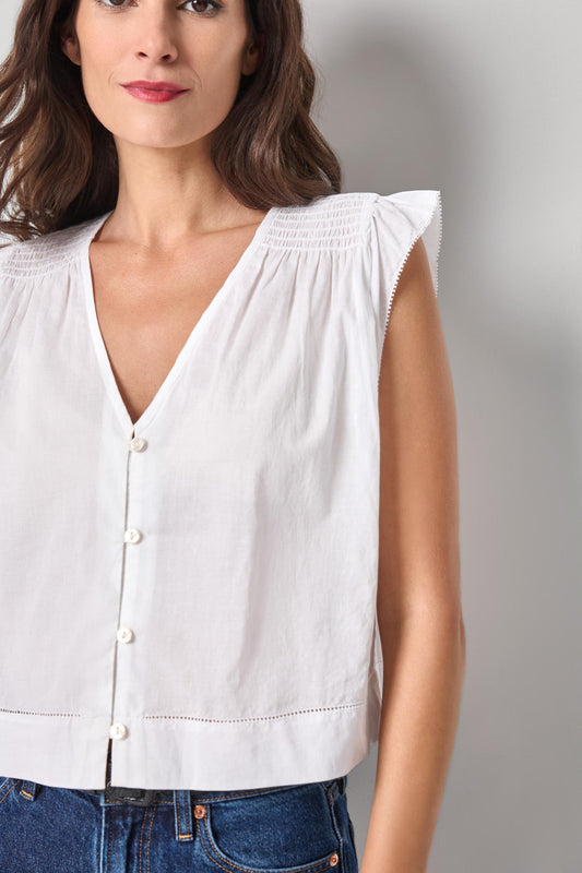 Smocked Shoulder V-Neck Womens Top White A1