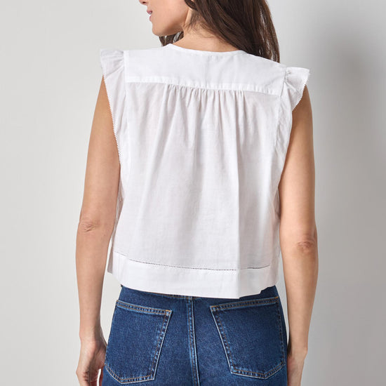 Smocked Shoulder V-Neck Womens Top White A2