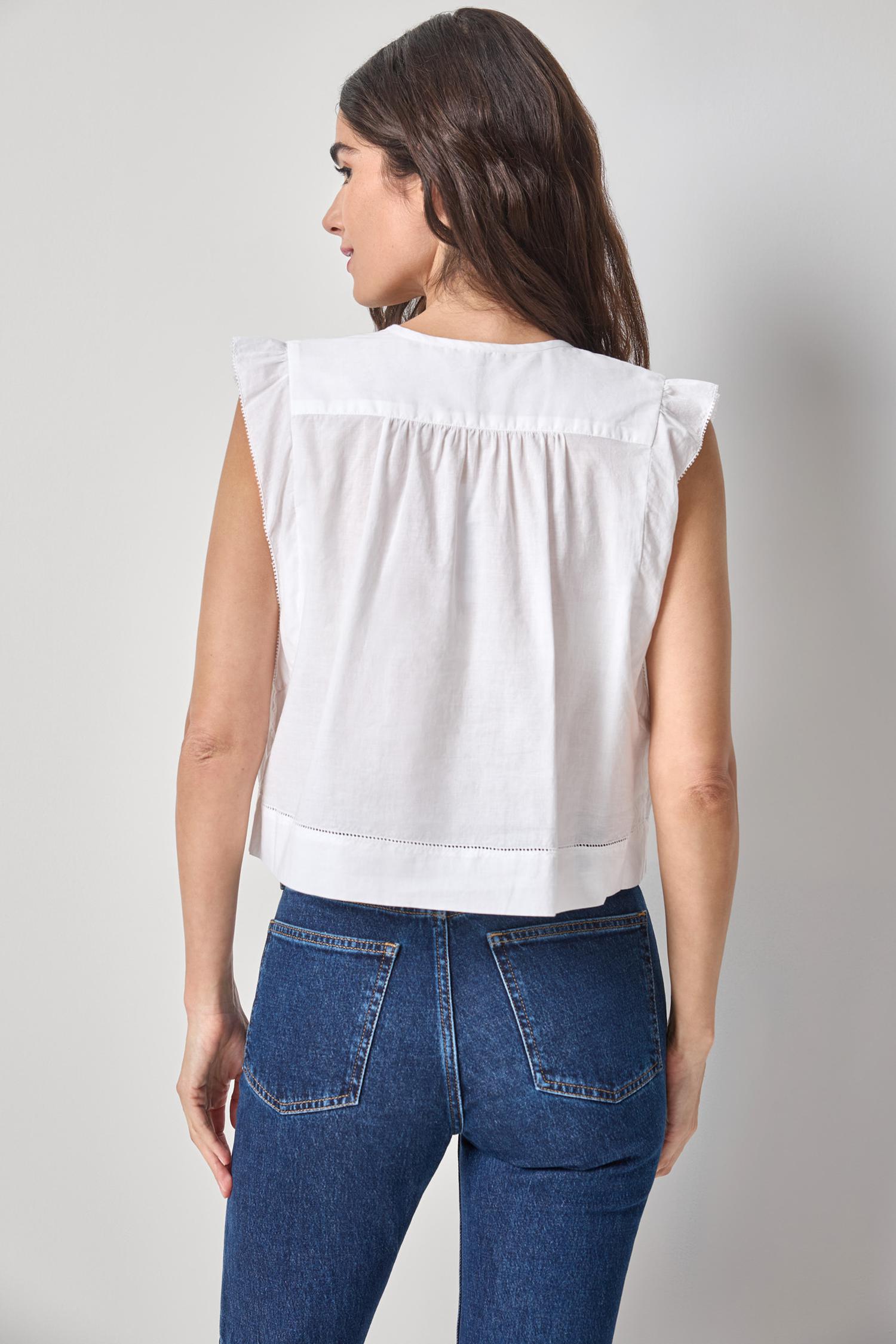 Smocked Shoulder V-Neck Womens Top White A2