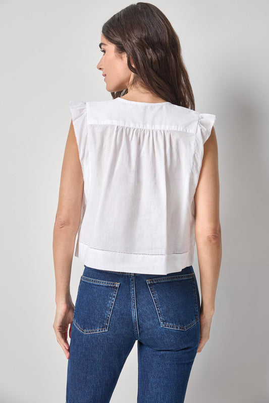 Smocked Shoulder V-Neck Womens Top White A2