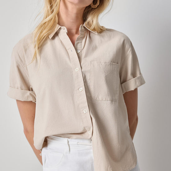 Linen Blend Boyfriend Button Down Womens Top Bamboo A1