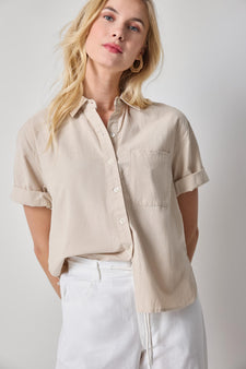 Linen Blend Boyfriend Button Down Womens Top Bamboo A1