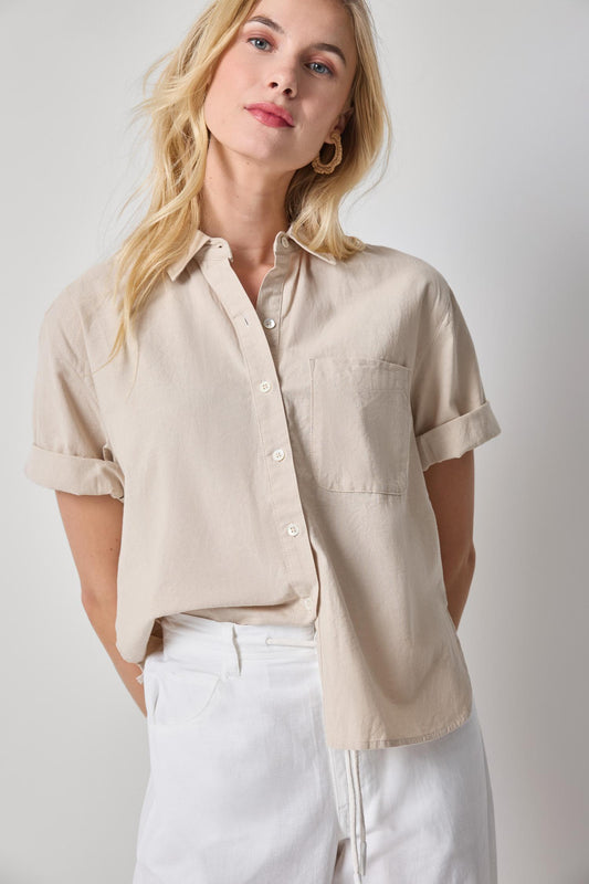 Linen Blend Boyfriend Button Down Womens Top Bamboo A1