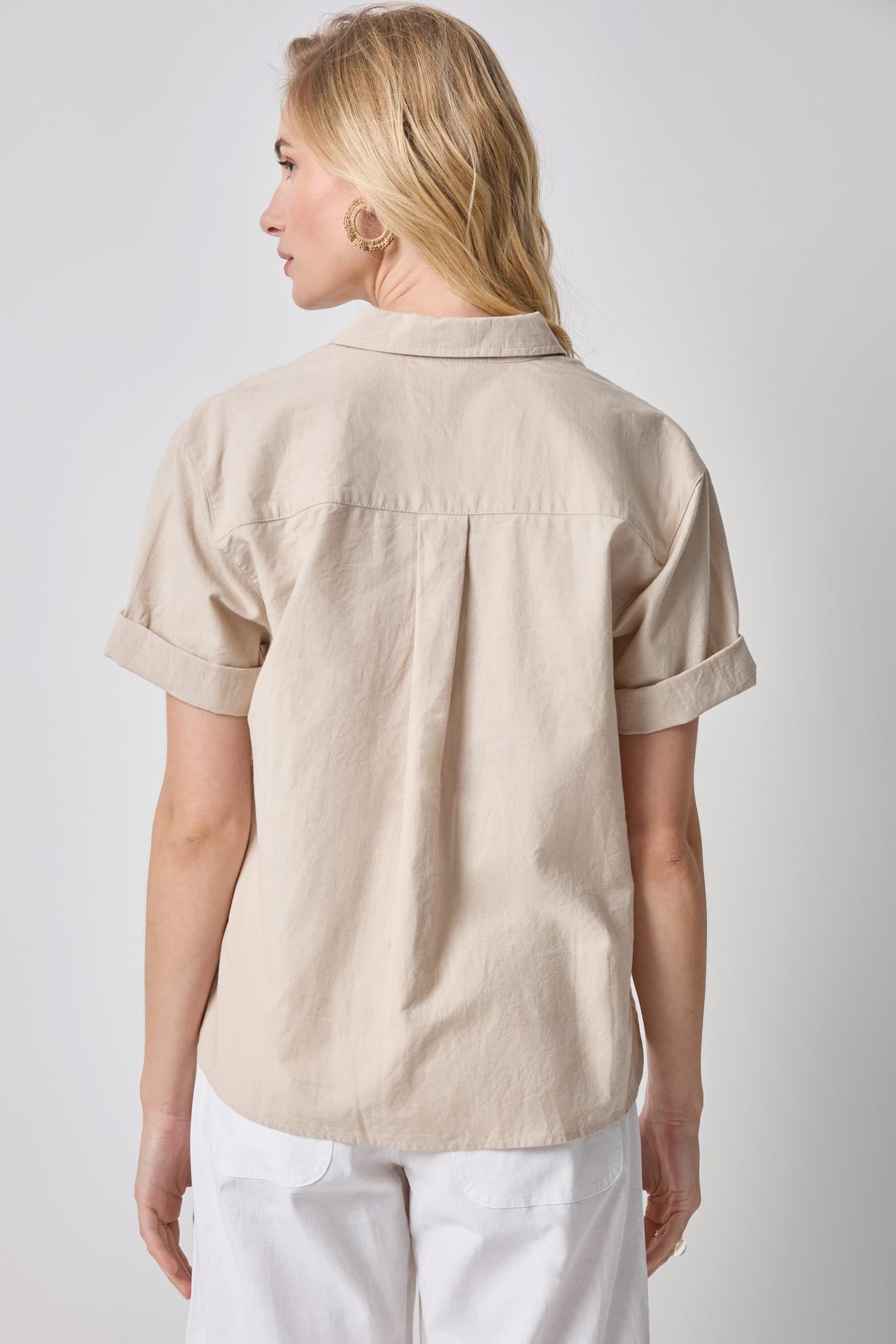 Linen Blend Boyfriend Button Down Womens Top Bamboo A2