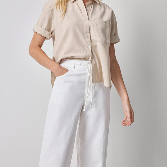 Linen Blend Boyfriend Button Down Womens Top Bamboo A4