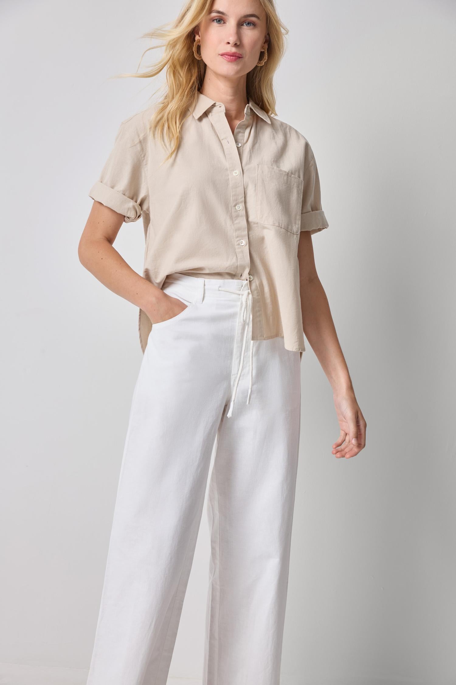 Linen Blend Boyfriend Button Down Womens Top Bamboo A4