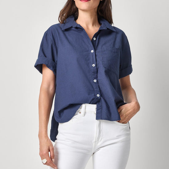 Linen Blend Boyfriend Button Down Womens Top Navy A1