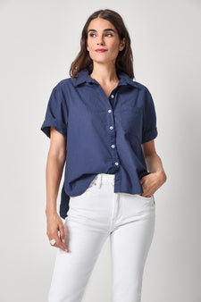 Linen Blend Boyfriend Button Down Womens Top Navy A1