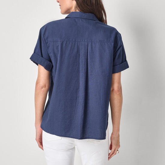 Linen Blend Boyfriend Button Down Womens Top Navy A2