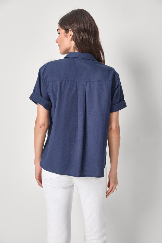 Linen Blend Boyfriend Button Down Womens Top Navy A2