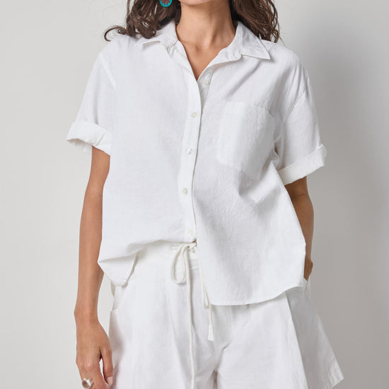 Linen Blend Boyfriend Button Down Womens Top White A1