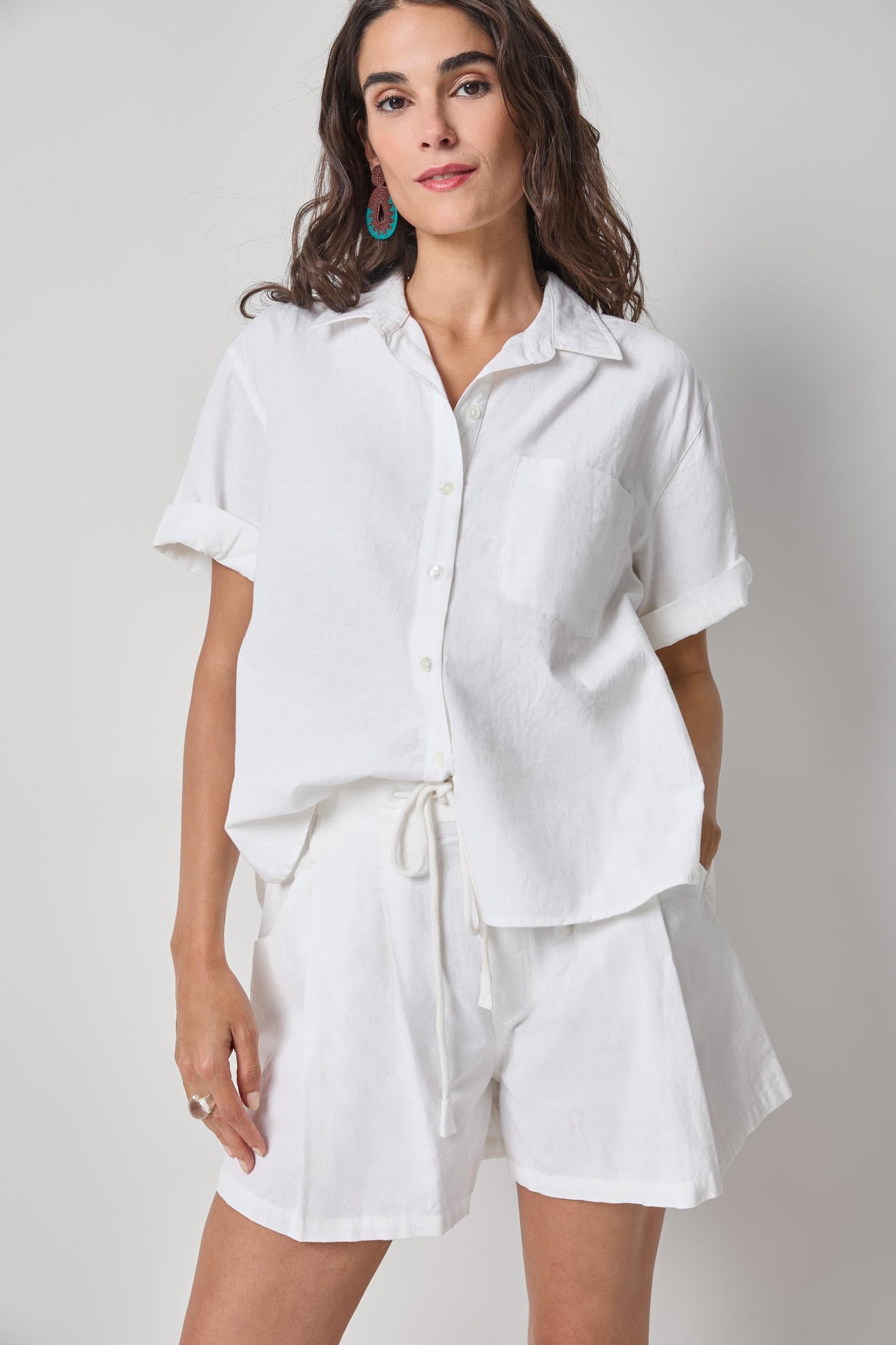 Linen Blend Boyfriend Button Down Womens Top White A1