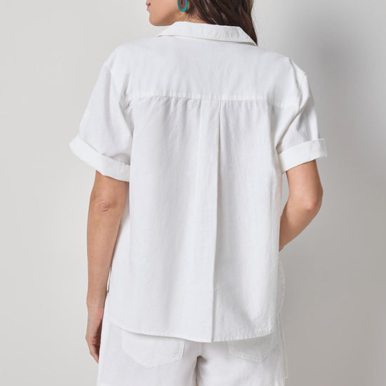 Linen Blend Boyfriend Button Down Womens Top White A2