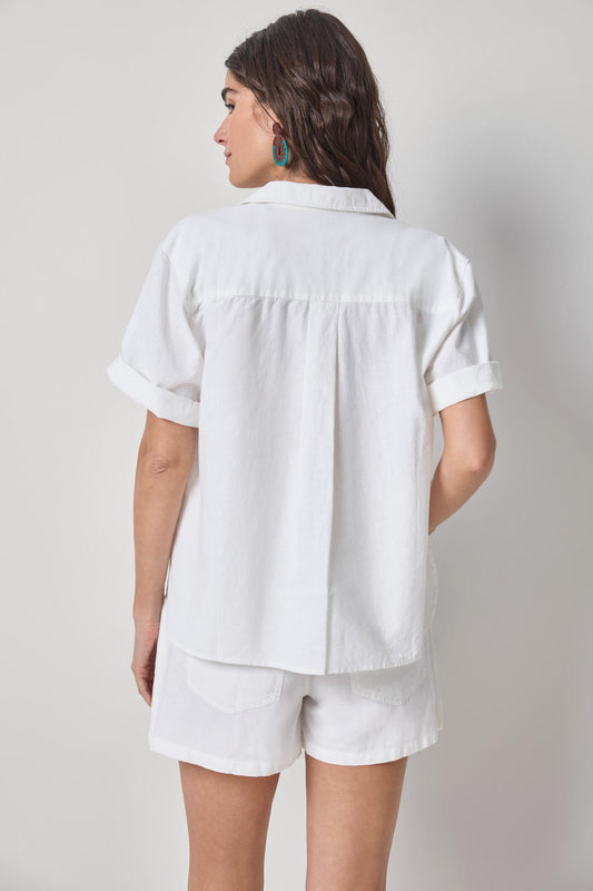 Linen Blend Boyfriend Button Down Womens Top White A2