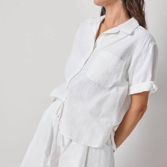 Linen Blend Boyfriend Button Down Womens Top White A3