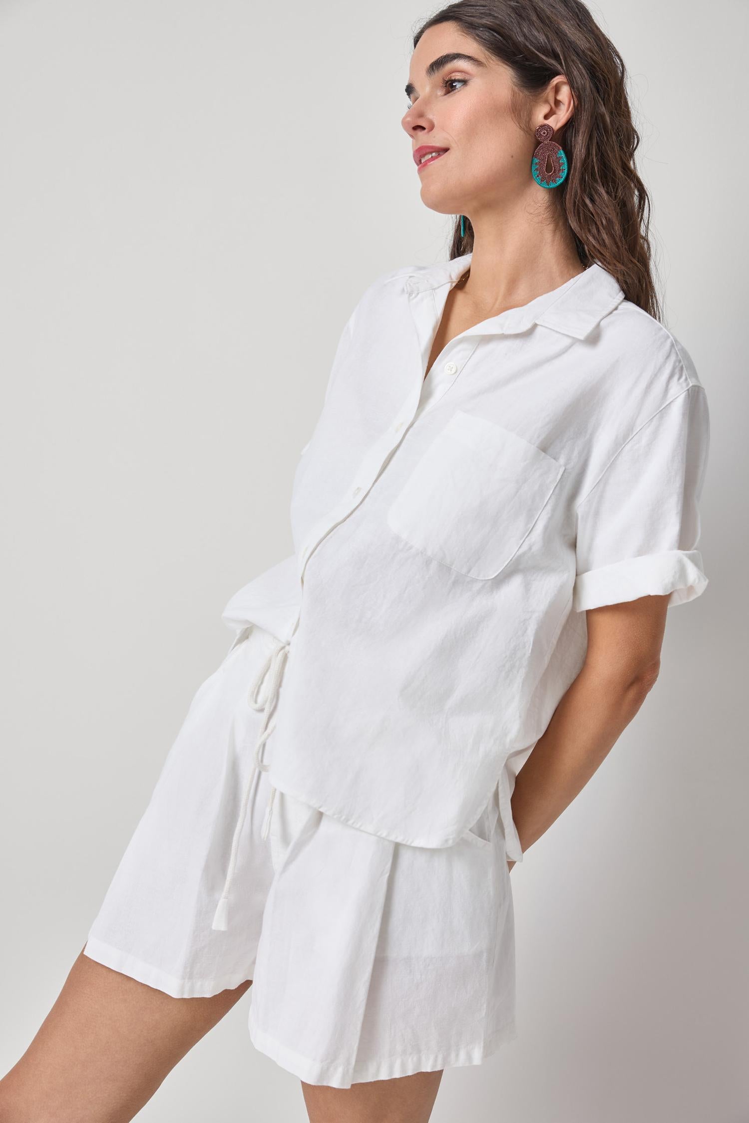 Linen Blend Boyfriend Button Down Womens Top White A3