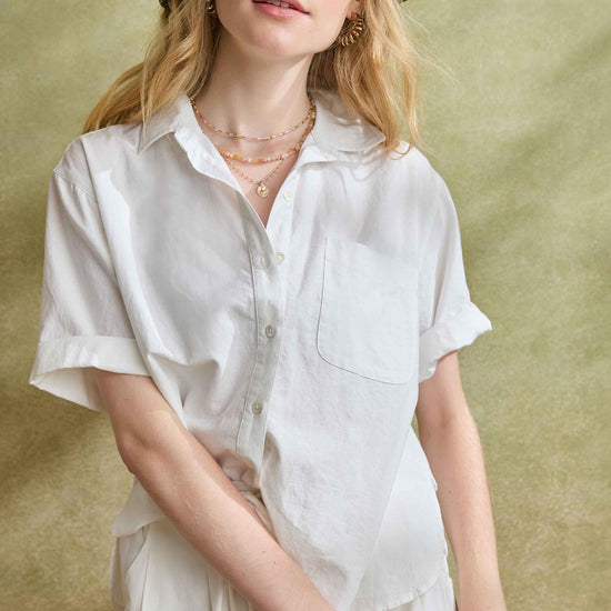 Linen Blend Boyfriend Button Down Womens Top White C1