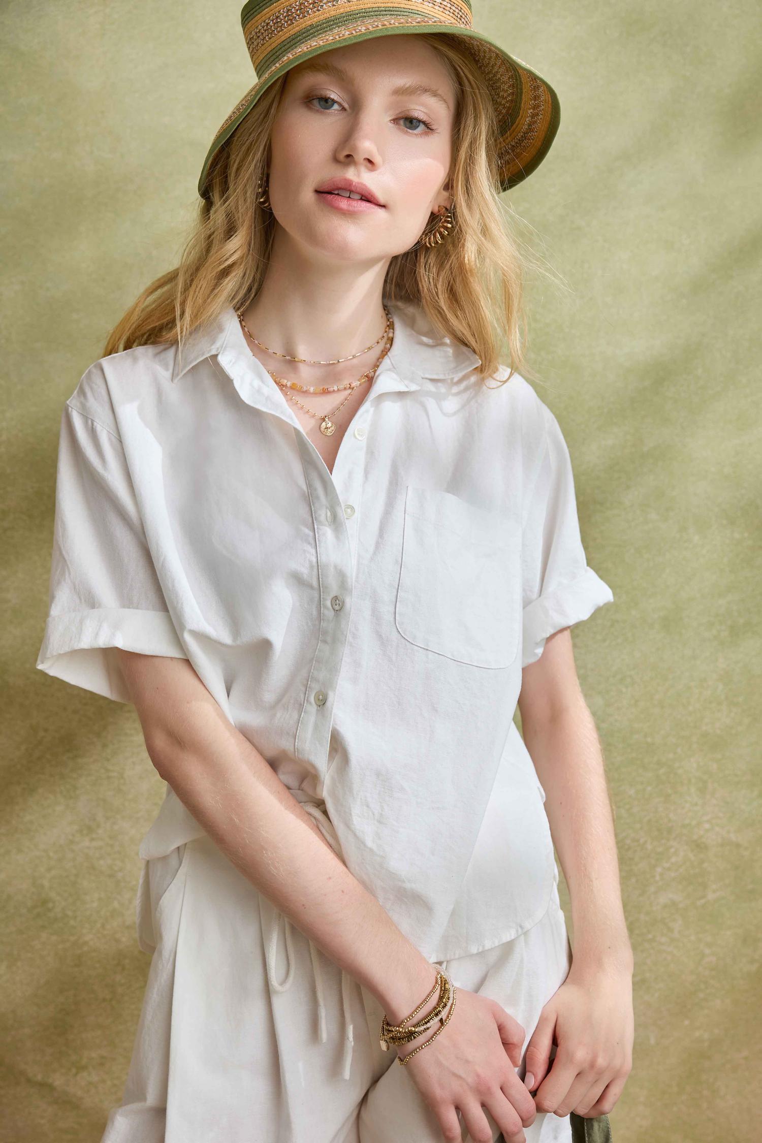 Linen Blend Boyfriend Button Down Womens Top White C1
