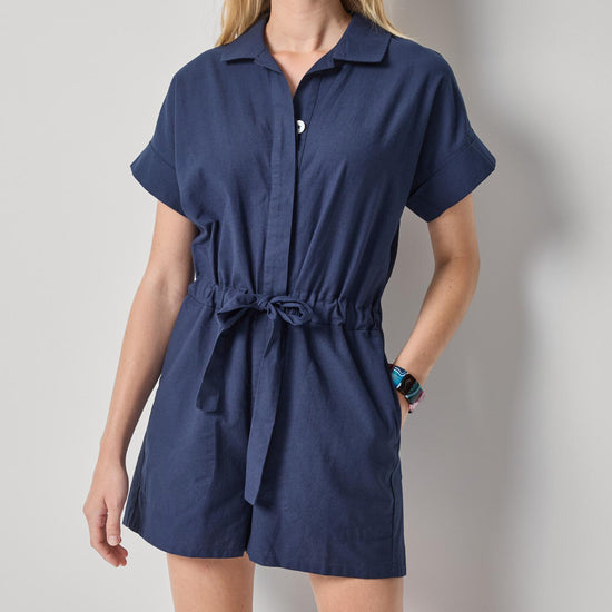 Linen Blend Romper Womens Short Navy A1
