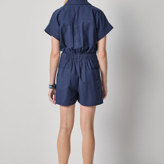 Linen Blend Romper Womens Short Navy A2
