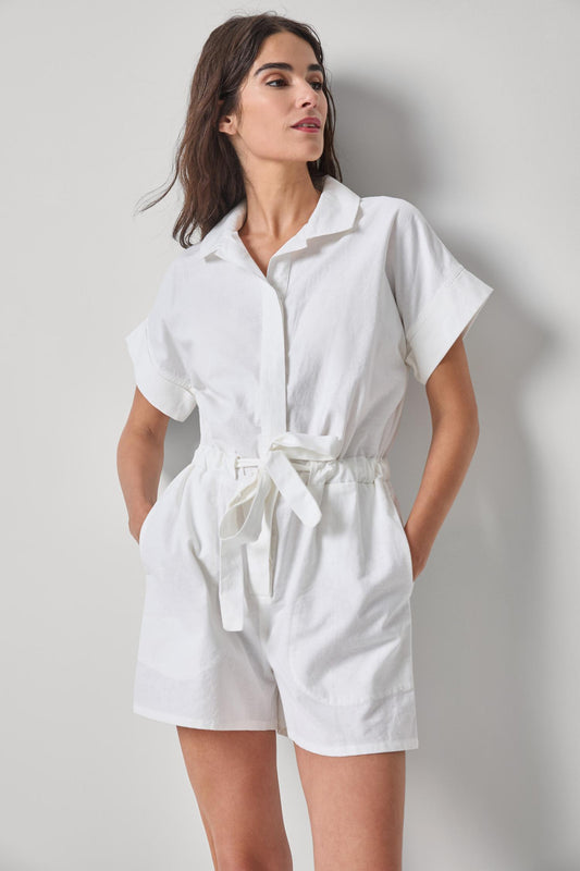 Linen Blend Romper in color White Image A1