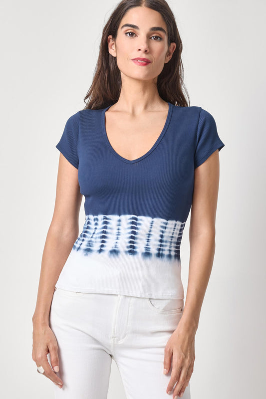Bamboo Dye Short Sleeve V-Neck Womens Top Navy Dye A1