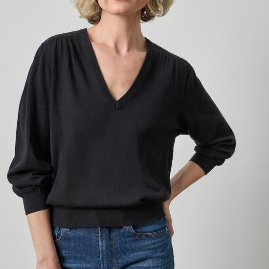 V-Neck Blouson Sweater Womens Sweater Black A1