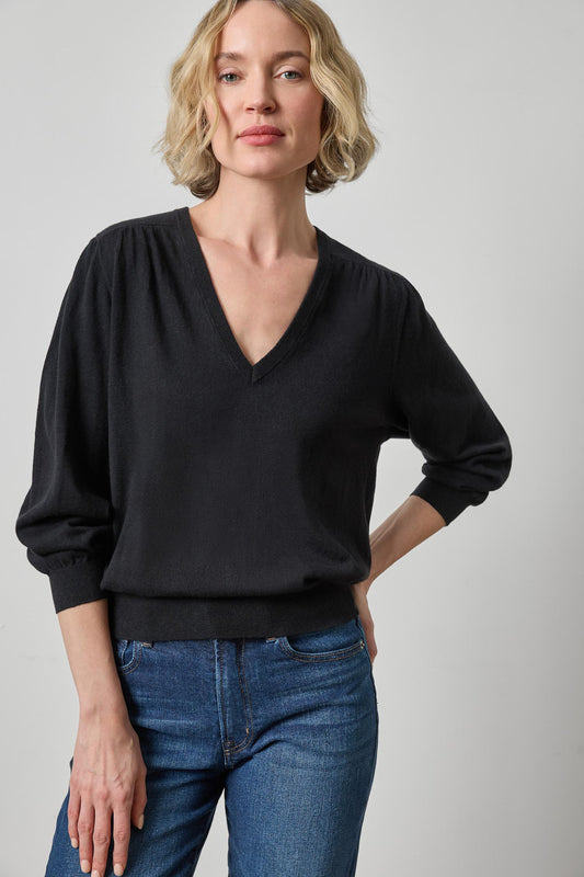V-Neck Blouson Sweater Womens Sweater Black A1