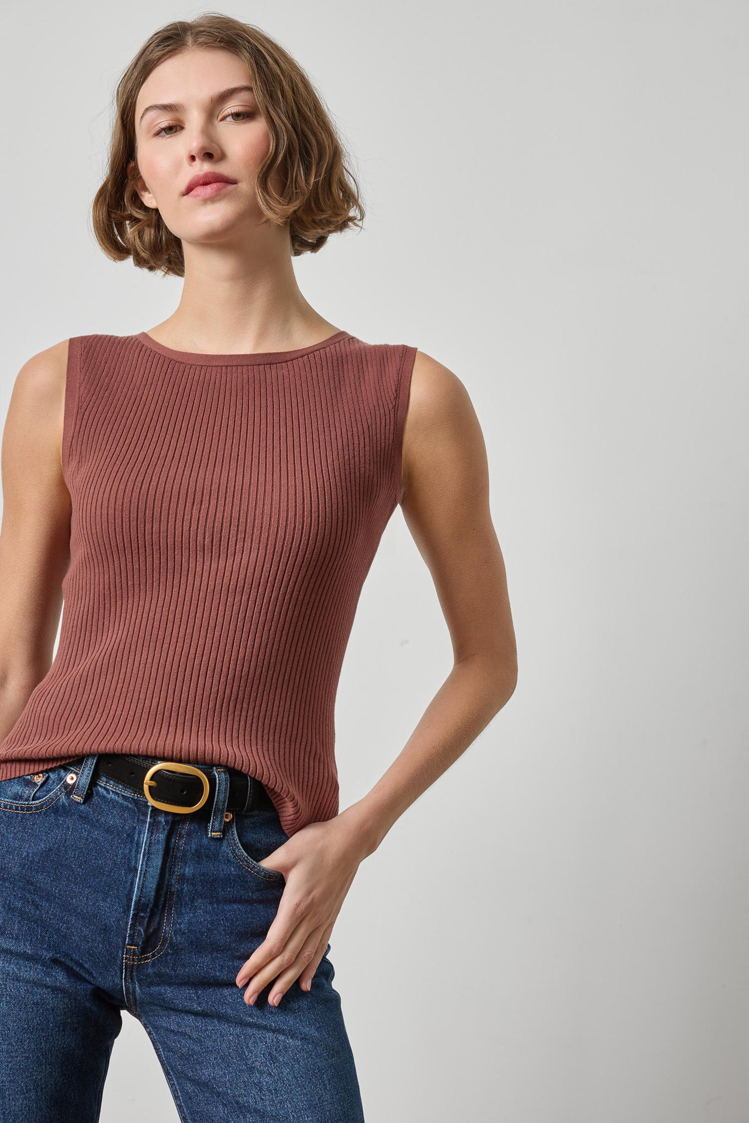 Sleeveless Rib Top Womens Sweater Chestnut A1
