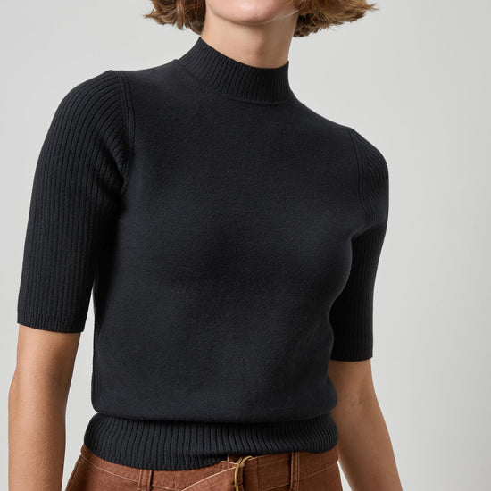 Mock Neck Short Sleeve Sweater Womens Sweater Black A1
