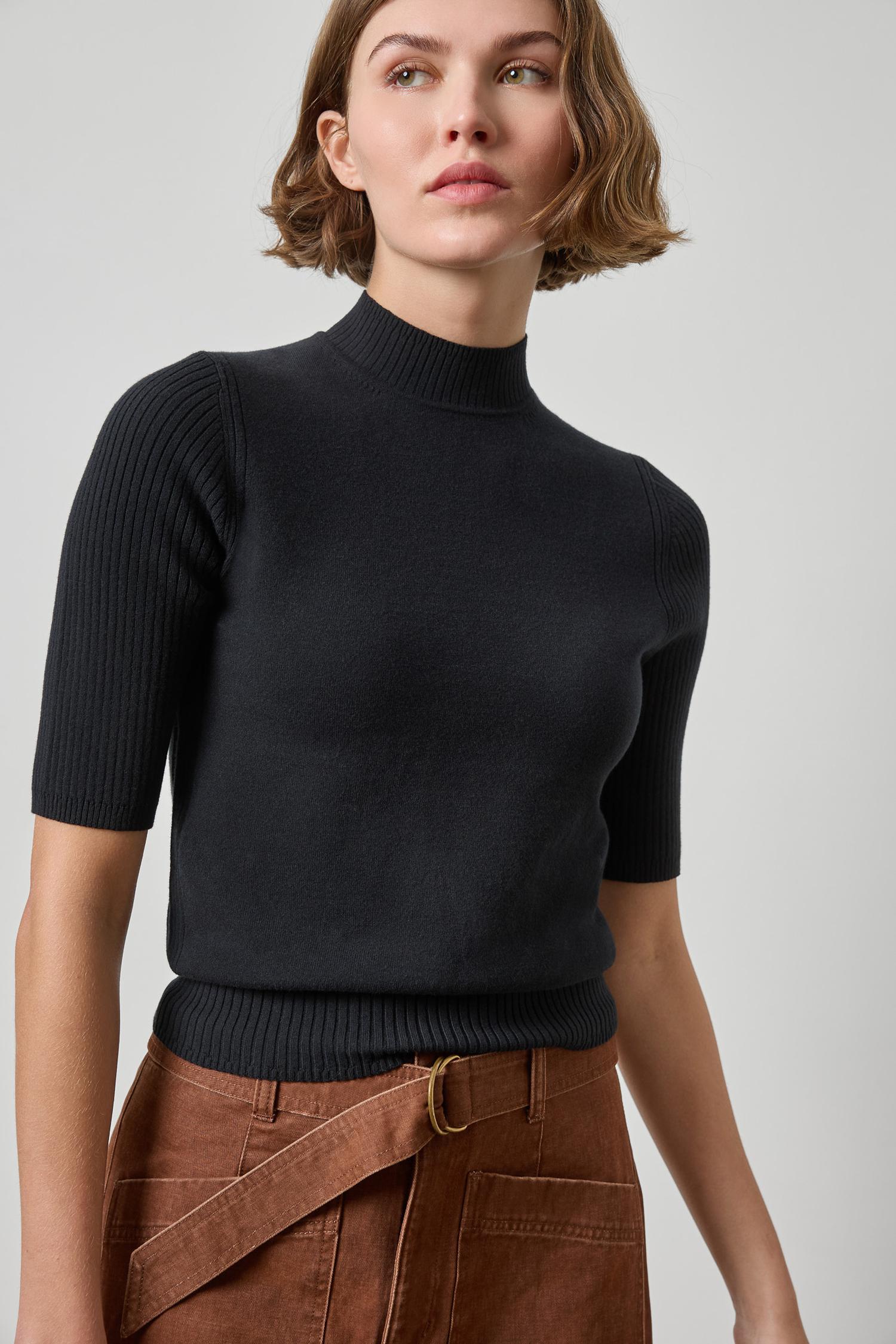 Mock Neck Short Sleeve Sweater Womens Sweater Black A1